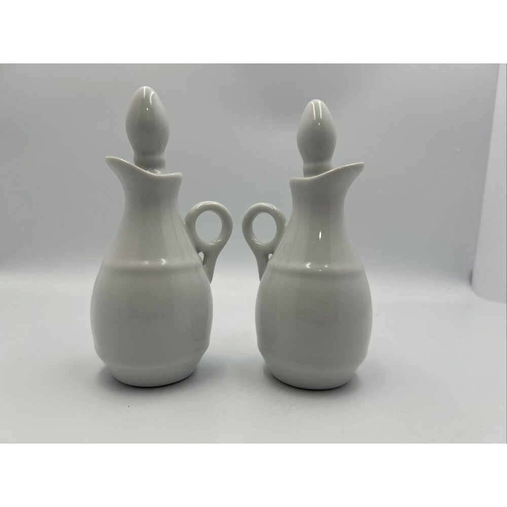 Pillivuyt Barrel Oil Vinegar Cruet Set 2 White Porcelain France w/Stoppers - EUC
